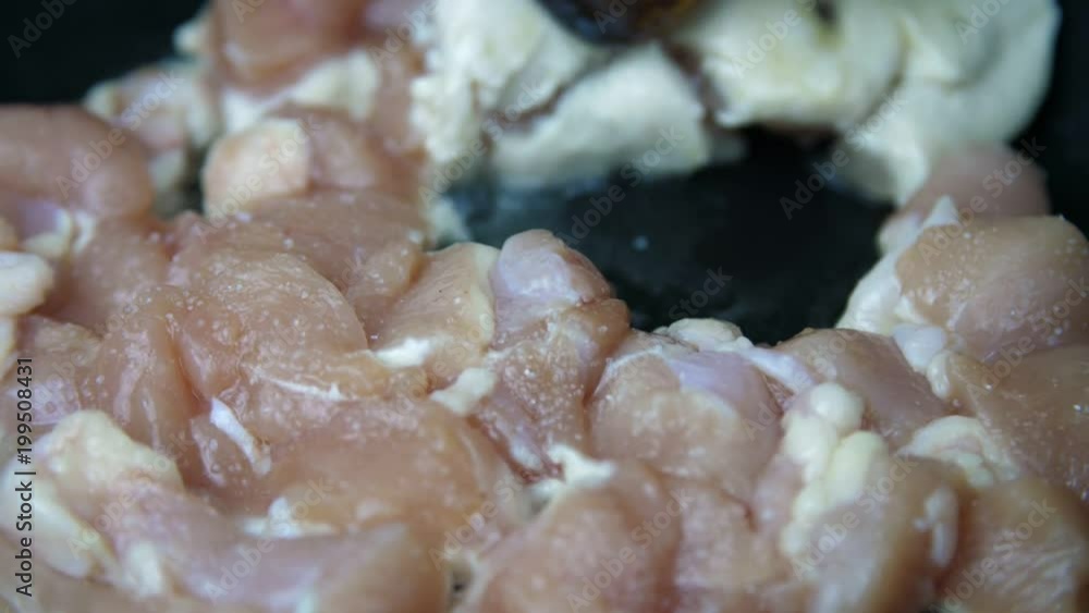 In a frying pan, pieces of chicken are turned over. In a frying pan, pieces of chicken are turned over.