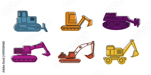 Excavator icon set, color outline style
