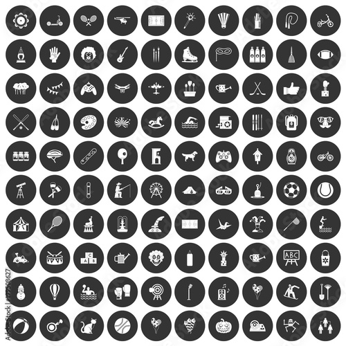 100 kids activity icons set black circle