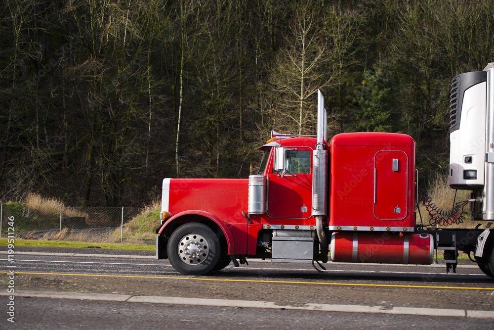 Classic powerful red big rig semi truck running on the road with trees background Classic powerful red big rig semi truck running on the road with trees background