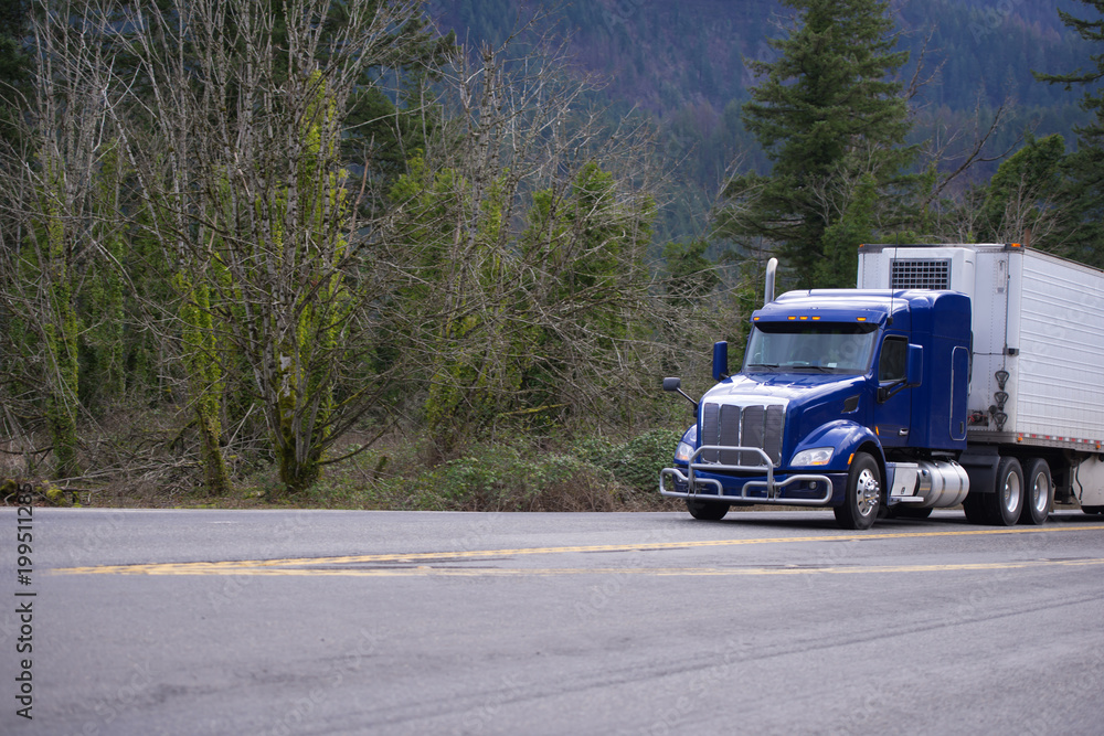 Dark blue big rig semi truck with refrigeration semi truck transporting goods in wide road with forest trees background