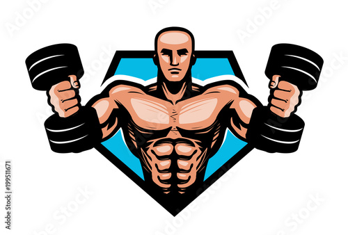 Gym, bodybuilding, sport logo or label. Muscular bodybuilder holding dumbbells in hands. Vector illustration