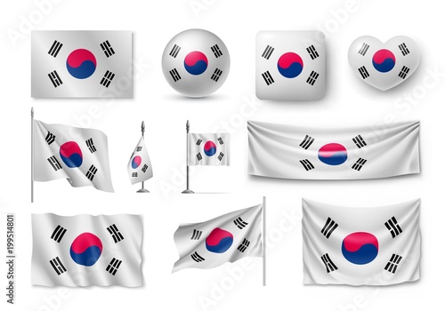 Set South Korea flags  banners  banners  symbols  flat icon. Vector illustration of collection of national symbols on various objects and state signs