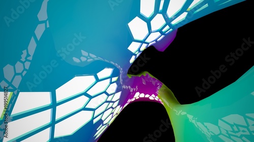 Abstract black and colored gradient parametric interiorwith window. 3D illustration and rendering.