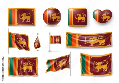 Set Sri Lanka flags, banners, banners, symbols, flat icon. Vector illustration of collection of national symbols on various objects and state signs