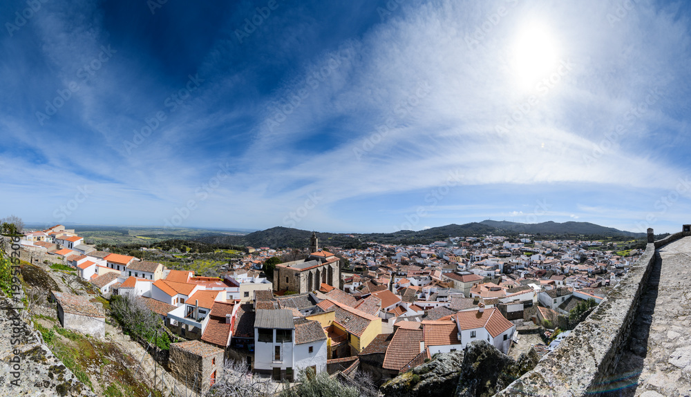 panoramic view of the town of Montánchez, Cáceres, Extremadura, Spain
