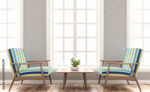 Scandinavian house living room 3d render.The Rooms have wooden floors and gray walls.Furnished with wood and colorful fabric seat. There are white frame window overlooking to outsite.