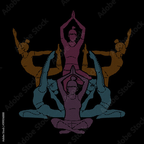 Yoga Class, Group of women practice yoga designed using dots pixels graphic vector.