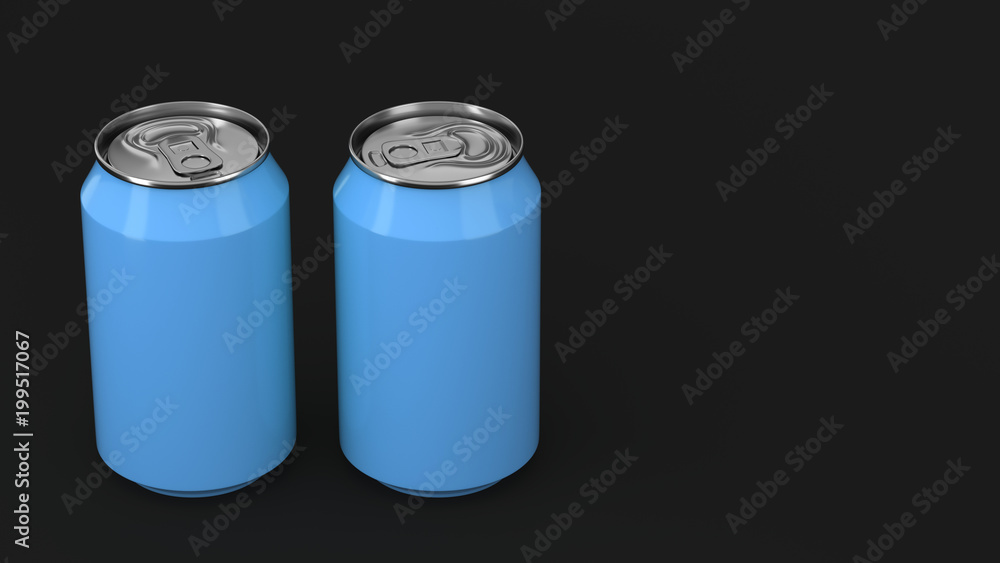 Two small blue aluminum soda cans mockup on black background Two small blue aluminum soda cans mockup on black background