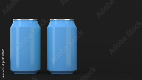 Two small blue aluminum soda cans mockup on black background
