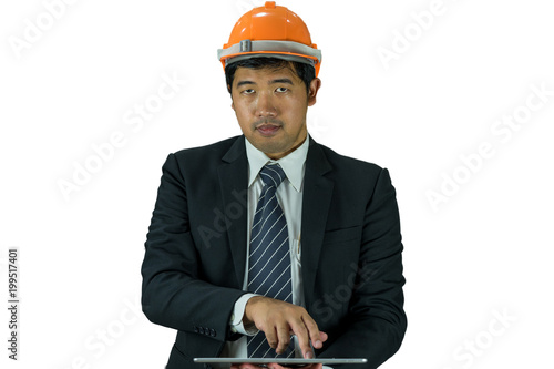 businessman waer safety helmet and point on tablet isolate clipping path photo