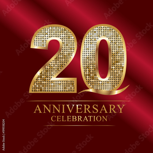 Golden shiny mosaic in disco ball style. 20th anniversary logo. Vector abstract background. 