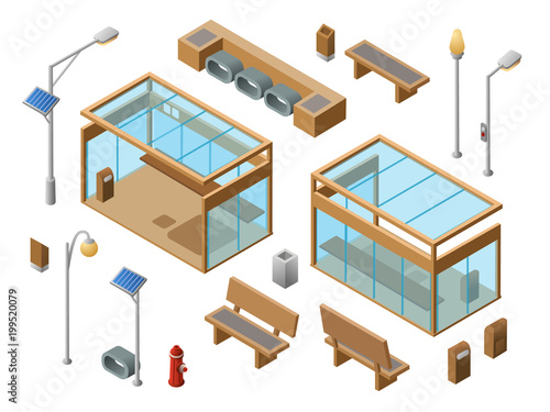 Vector isometric bus stop concept objects set. 3d city glass station benches sun panel streetlights garbage can, trash bin, fire hydrant. Illustration with modern urban landscape design elements