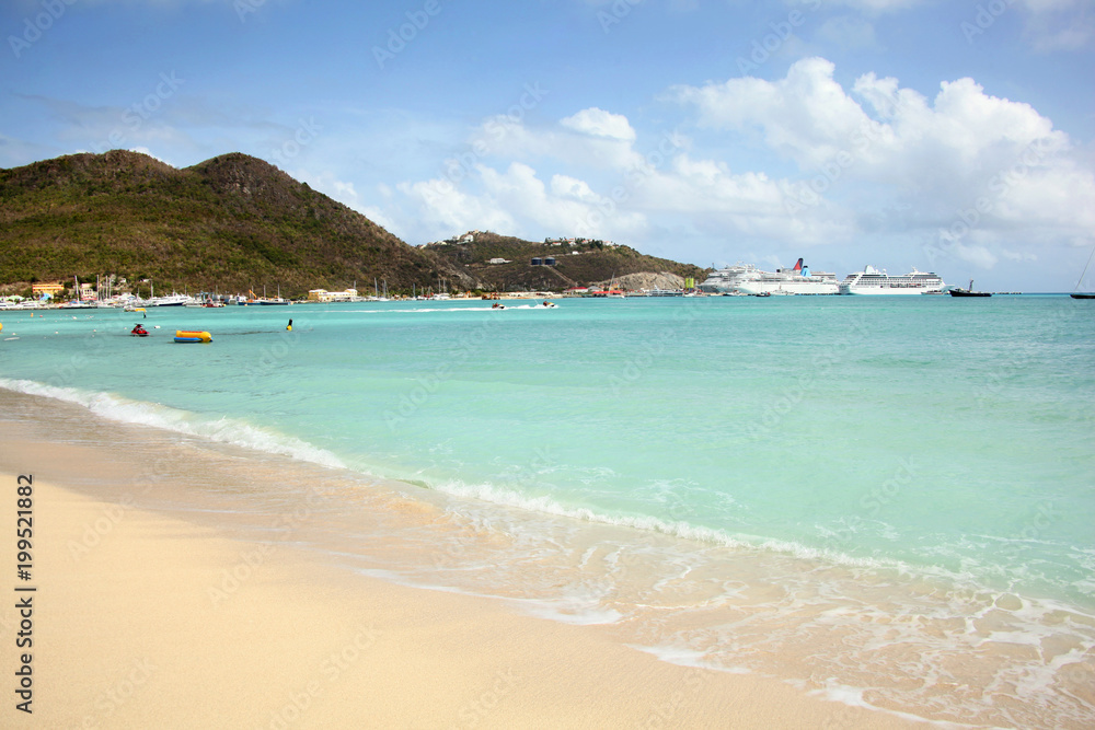 Philipsburg beach with cruise ships in the distance, St Maarten, Caribbean.