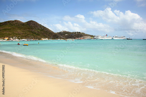 Philipsburg beach with cruise ships in the distance, St Maarten, Caribbean.