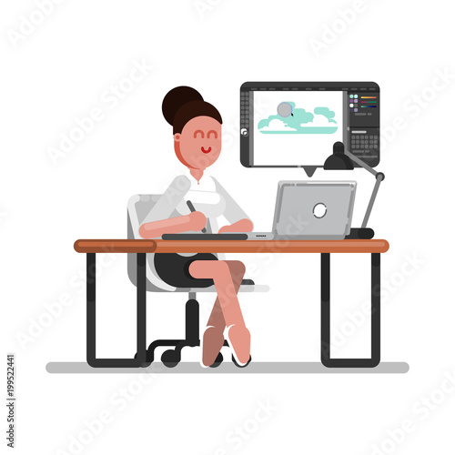 Woman designer doing illustration on tablet