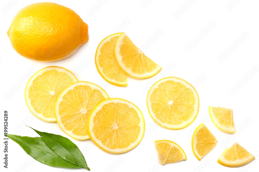healthy food. sliced lemon with green leaf isolated on white background top view healthy food. sliced lemon with green leaf isolated on white background top view