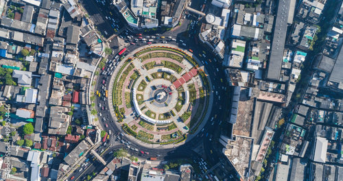 Traffic of roundabount junction road aerial view