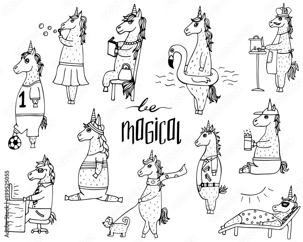 The cute set of 11 hand-drawn unicorns and lettering - be magical.