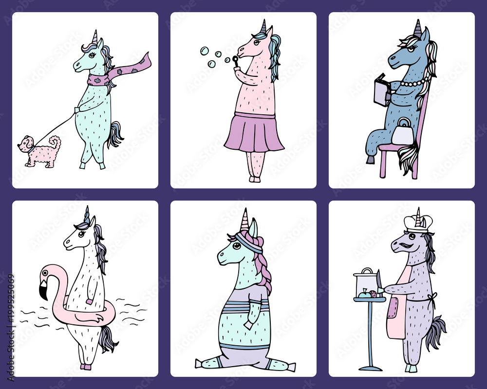 The cute set of 6 funny hand-drawn unicorns.