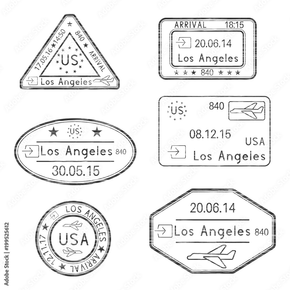 Fototapeta premium Znaczki paszportowe. Przylot do Los Angeles, USA. Czarny zestaw znaczków atramentowych