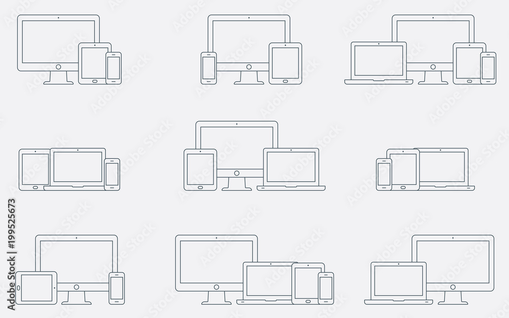 Obraz premium Vector set of outline device icons. Responsive digital devices icons.