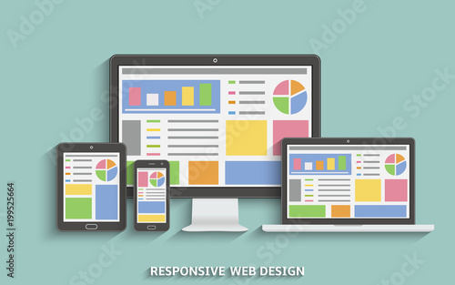 Responsive web design. Web design technology devices. Laptop, desktop computer, tablet and mobile phone