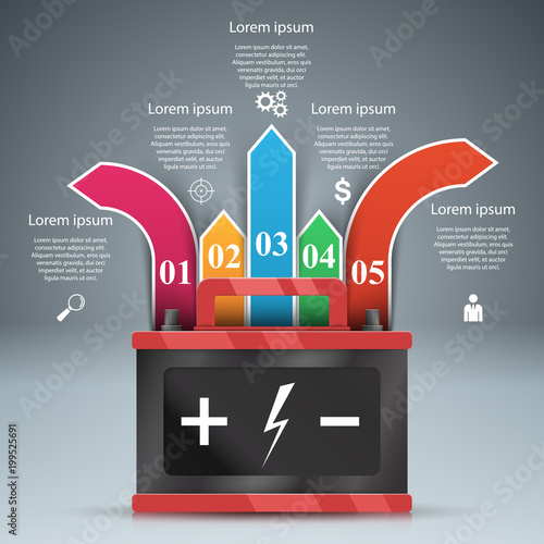 Battery icon on the grey background. Business Infographics origami style Vector illustration.