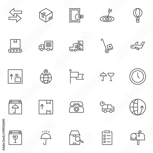 Fototapeta Naklejka Na Ścianę i Meble -  Logistic outline icons set. linear style symbols collection, line signs pack. vector graphics. Set includes icons as arrow left right, delivery box, post stamp, target dartboard, conveyor belt