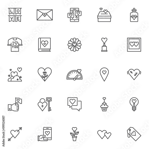 Love and Valentine's day outline icons set. linear style symbols collection, line signs pack. vector graphics. Set includes icons as Party love flags, Hearts with donate box, Elixir of love drink