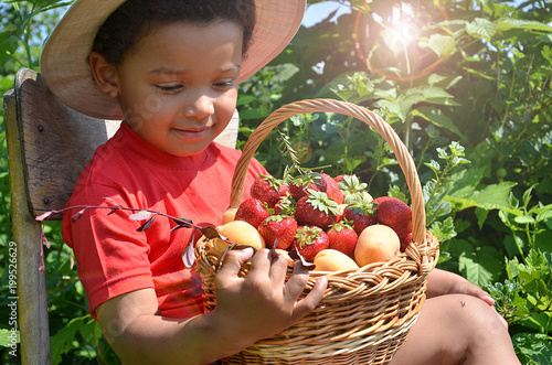 Boy sitting with a basket of berries in the garden. The boy holds basket with strawberries and apricots. The boy in the garden. photo