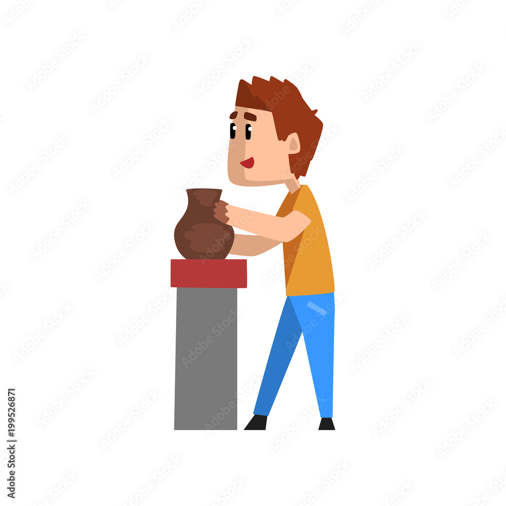 Ceramist man character making ceramic pot, craft hobby or profession vector Illustration on a white background