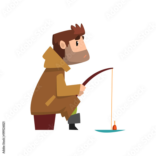 Fisherman character hat sitting on the shore with fishing rod, hobby or profession concept vector Illustration on a white background