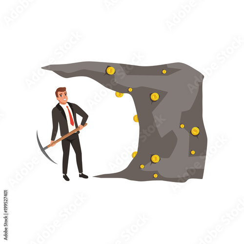 Businessman in formal black suit with pickaxe in hands extracting bitcoins from mine. Digital money and cryptocurrency theme. Flat vector design