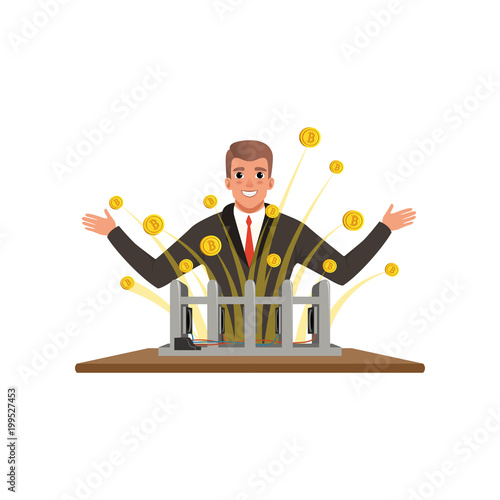 Cheerful man extracting bitcoins from mining farm. Digital money. Wealth or financial well-being concept. Successful businessman in black suit. Flat vector