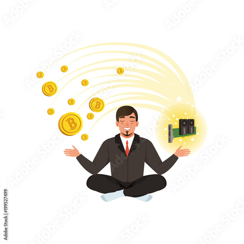 Young businessman meditating in lotus position, bitcoin mining farm. Digital money and cryptocurrency theme. Cartoon man in classic black suit. Flat vector