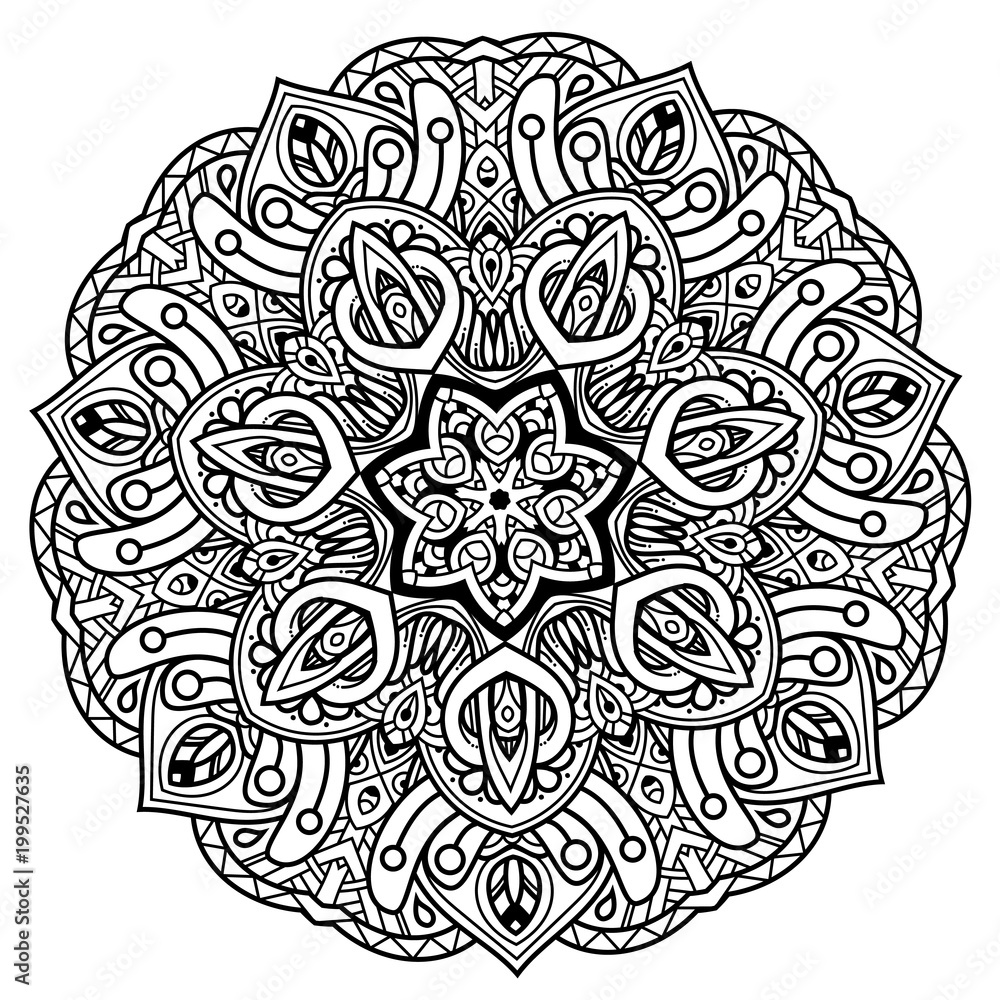 Black and white mandala vector isolated on white. Vector hand drawn circular decorative element. Black and white mandala vector isolated on white. Vector hand drawn circular decorative element.