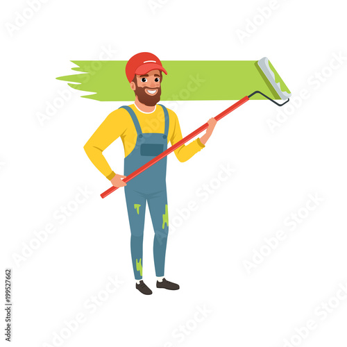 Male painter in uniform painting the wall with roller paint, house renovation concept vector Illustration on a white background