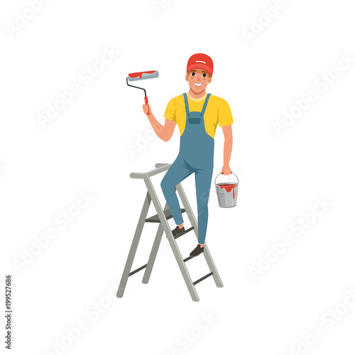 Male painter with roller in hand standing on step ladder, house renovation concept vector Illustration on a white background