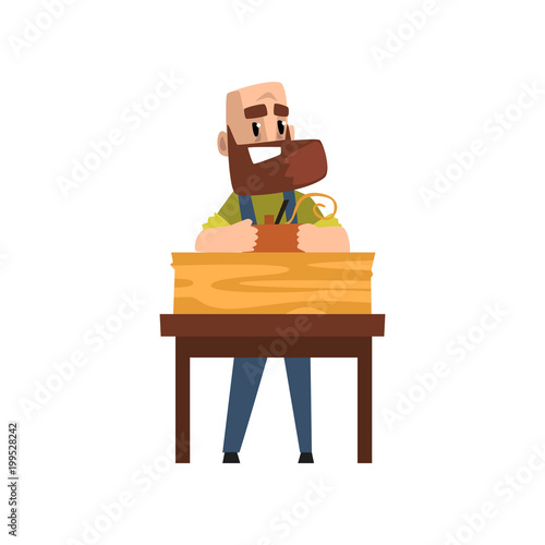 Male carpenter character working with carpentry instrument, craft hobby or profession vector Illustration on a white background