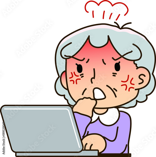 Grandmother using a laptop computer,Get enraged
