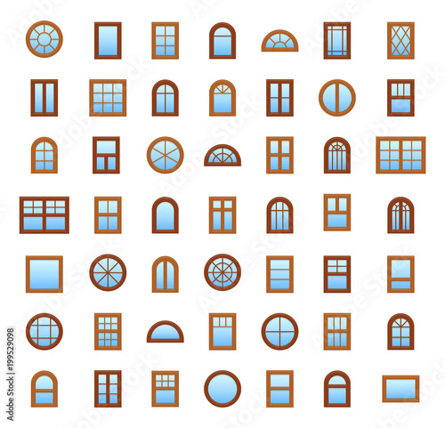 Wooden windows. Architecture elements. Flat colored icons. Traditional, french, arch and round window frames. Isolated on white background. Isolated objects on white backround