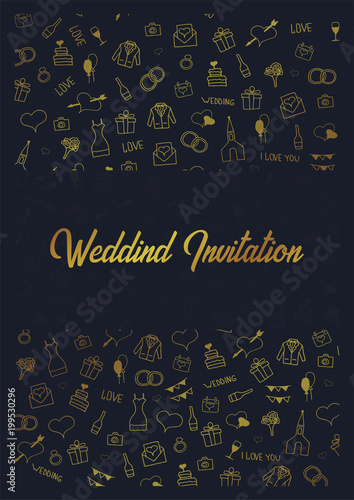 Wedding Invitation tamplate with doodle elements on a background. Save the date card. Vector illustration