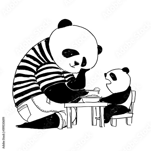 Father panda in black and white t-shirt feeding his little son panda.