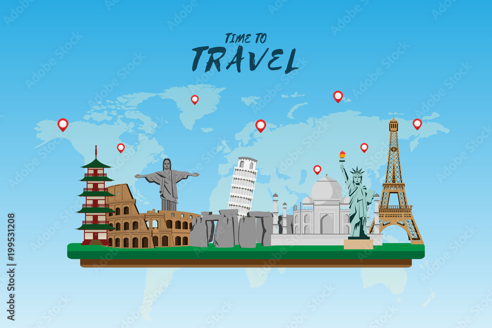 Fototapeta premium Travel and tourism . Road trip . Landmarks and pin map . Modern flat design. backpacker. background