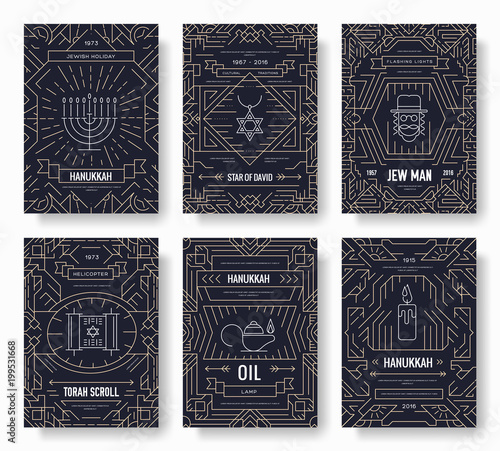 hanukkah thin line brochure cards set. Jewish traditional template of flyear, magazines, posters, book cover, banners. Holiday outline invitation concept background. Layout quality modern pages