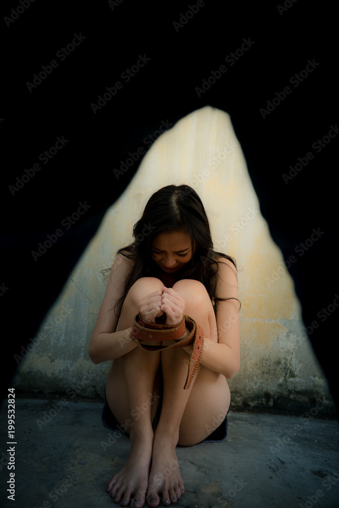 667px x 1000px - Female victim of rape or violence. Kidnapping and rape concept. defocused.  The kidnapped girl was tied up, force to have sex. Stock Photo | Adobe Stock