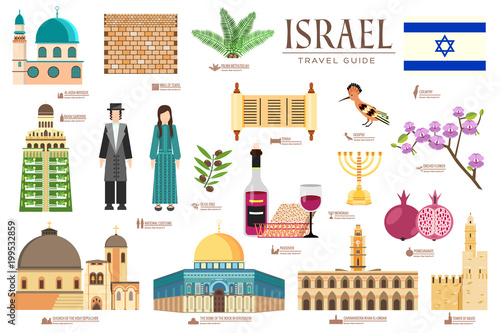 Country Israel travel vacation guide of goods, places and features. Set of architecture, fashion, people, items, nature background concept. Infographic template design on flat style