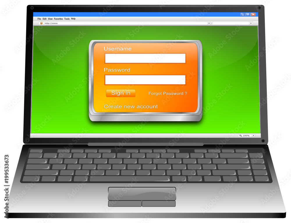 Laptop Computer with Login Screen - 3D illustration Laptop Computer with Login Screen - 3D illustration