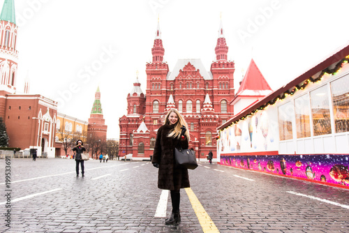 Canvas Print Portrait in full growth, Russian beautiful woman in a mink coat on the Red Squar